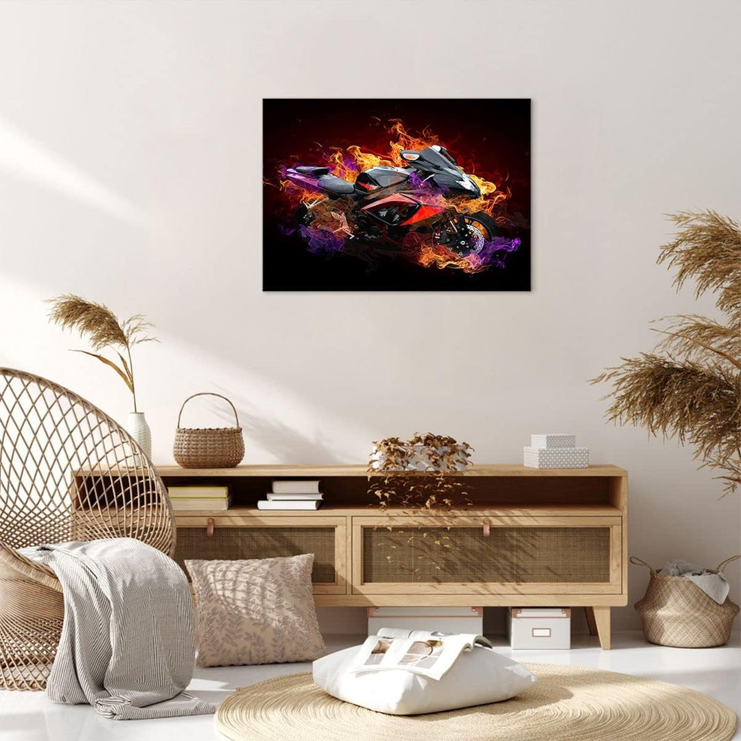 Bilder auf Leinwand Motorrad Feuer Abstraktion Leinwandbild 70x50cm Wandbilder Dekoration Wohnzimmer