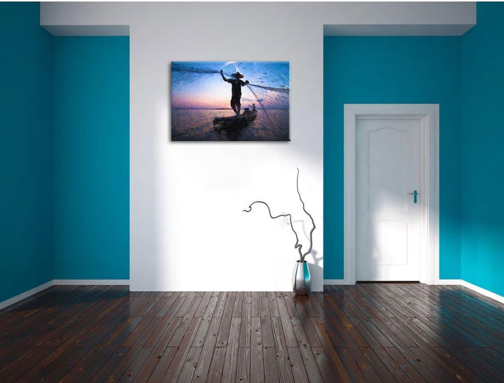 Pixxprint Fischer wirft Sein Netz aus / 100x70cm Leinwandbild bespannt auf Holzrahmen/Wandbild Kunst