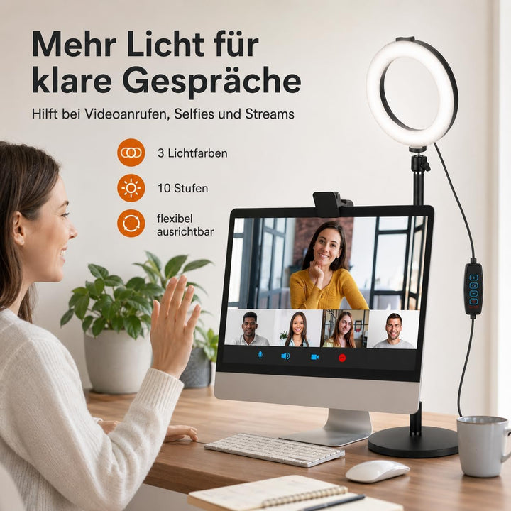 6 Zoll Ringlicht mit Stativ, LED Ring Light für Handy und Laptop | 3 Lichtfarben, 10 Helligkeitsstuf
