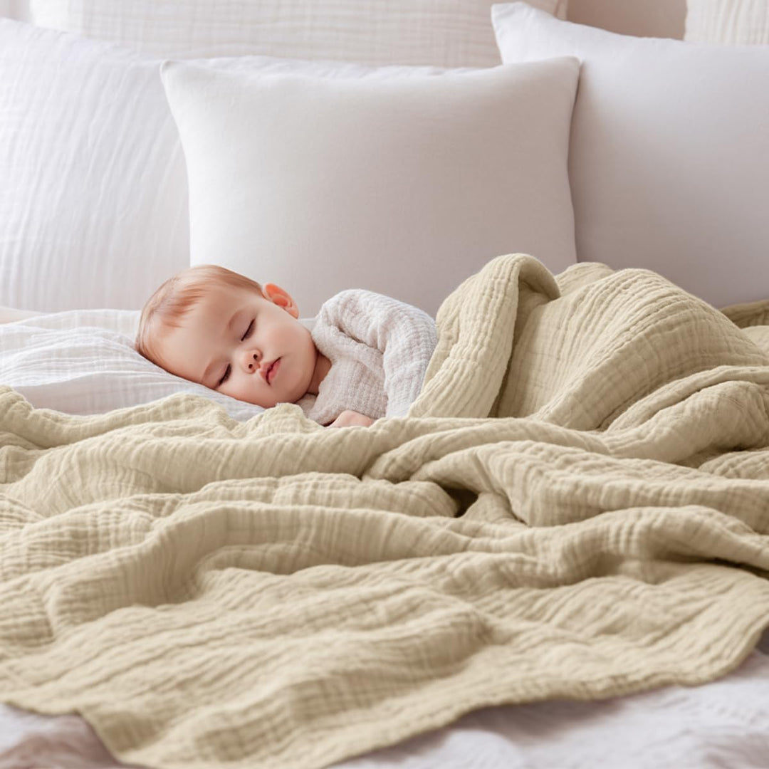 EMME Musselin-Decke Erwachsene, 100% Baumwolle, 101 x 127 cm Beige Sommer-Überwurf Decken für Couch,