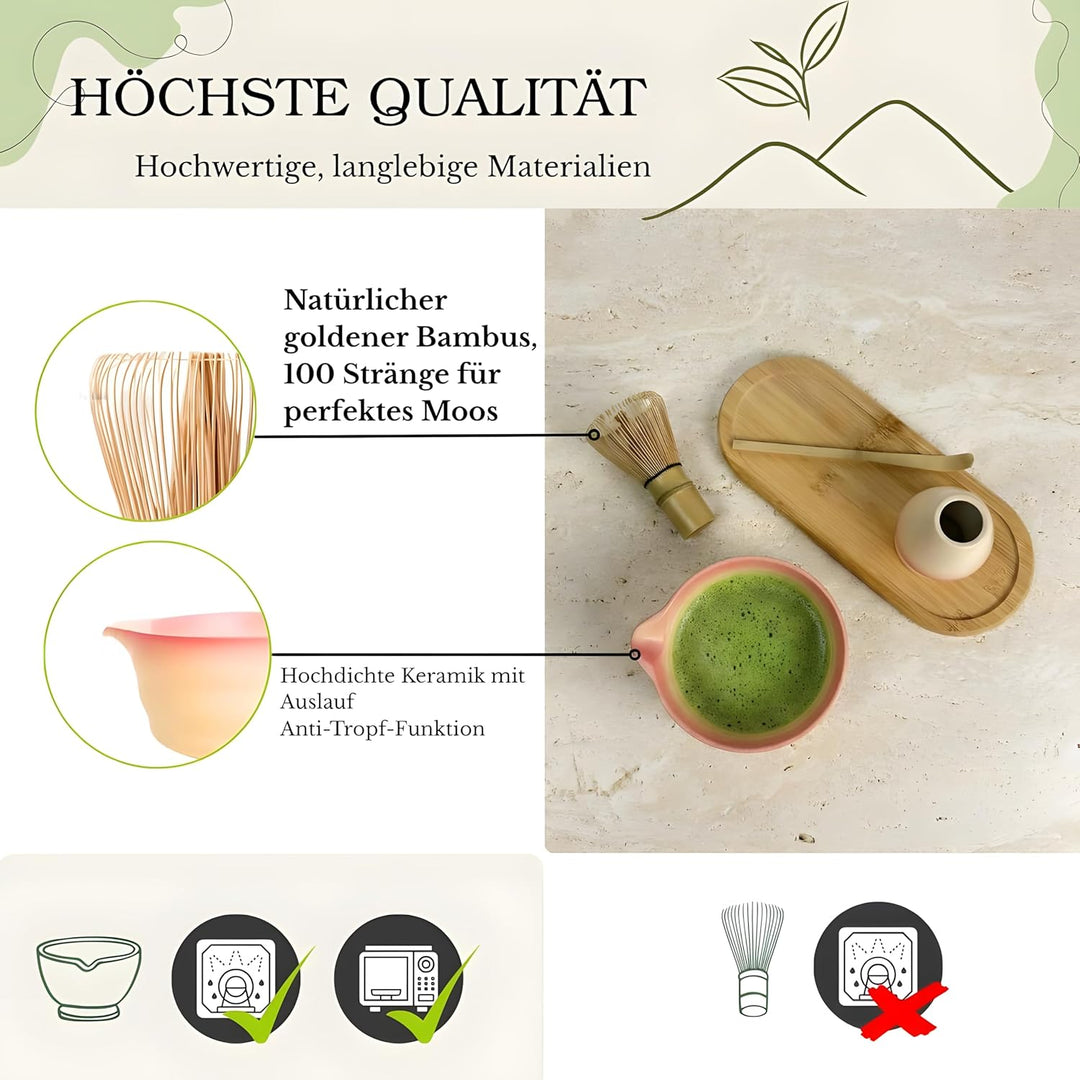 Matcha Set Komplett 7-teilig – Matcha Tee Set mit Schale, Bambusbesen (Chasen), Löffel, Halter &amp; Auf