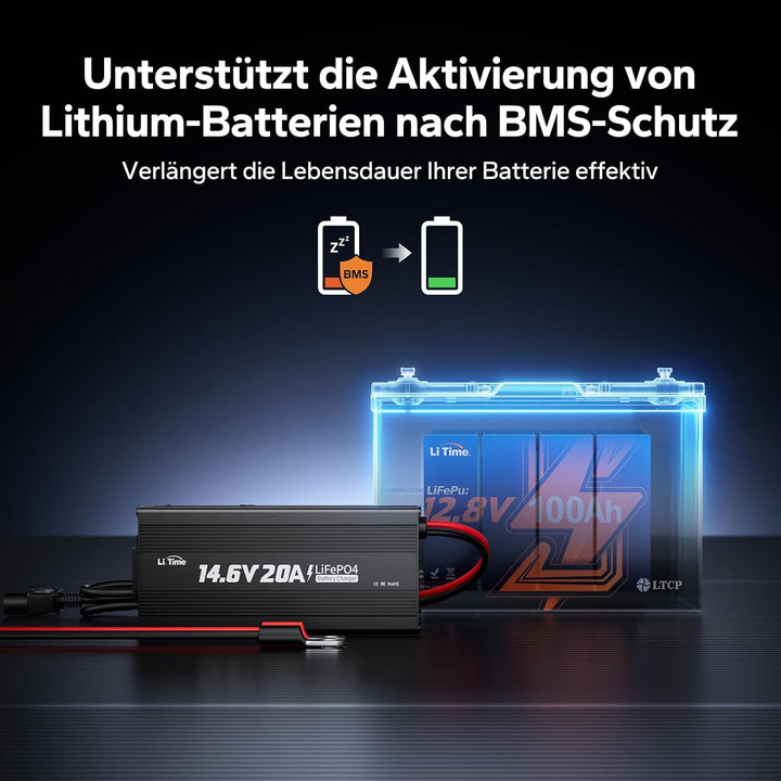 LiTime 14.6V 20A Lithium Batterieladegerät 12V LiFePO4 Batterieladegerät AC-DC Smart Charger mit And