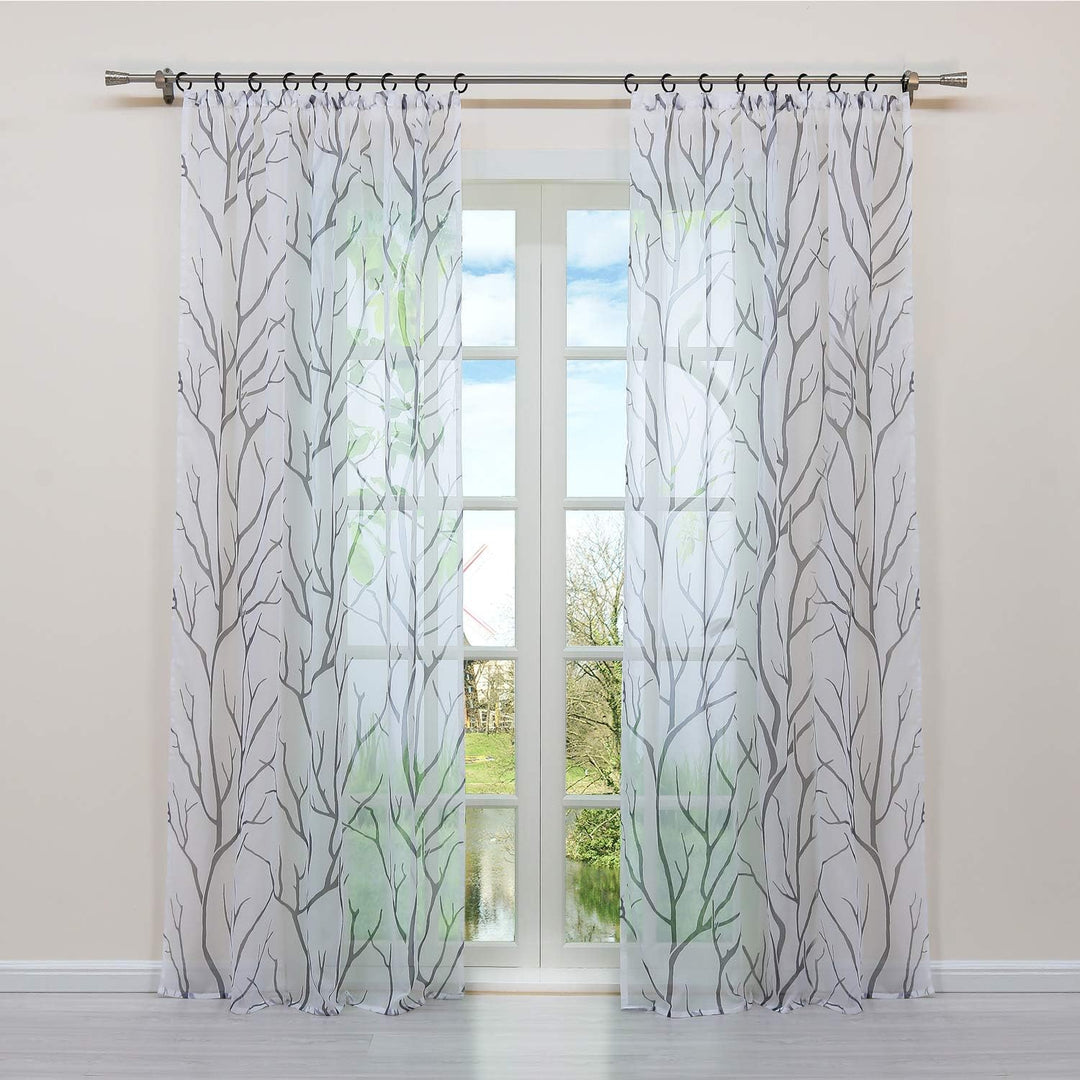 HongYa 1 Stück Transparente Gardine Schal mit Kräuselband Voile Vorhang Fensterschal Äste Muster H/B