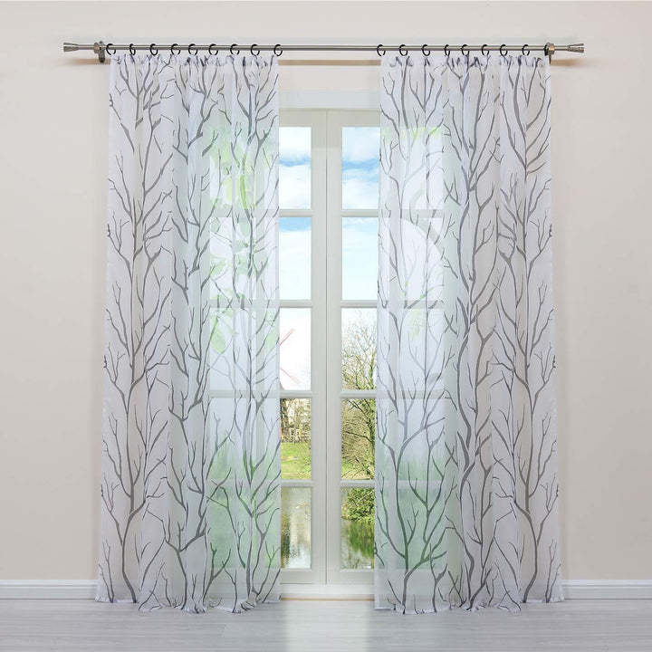 HongYa 1 Stück Transparente Gardine Schal mit Kräuselband Voile Vorhang Fensterschal Äste Muster H/B