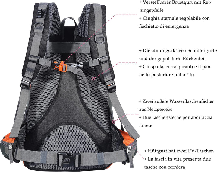 Wanderrucksack 40l Damen Herren Rucksack Wasserdicht Reiserucksack mit Regenschutz Orange, Orange