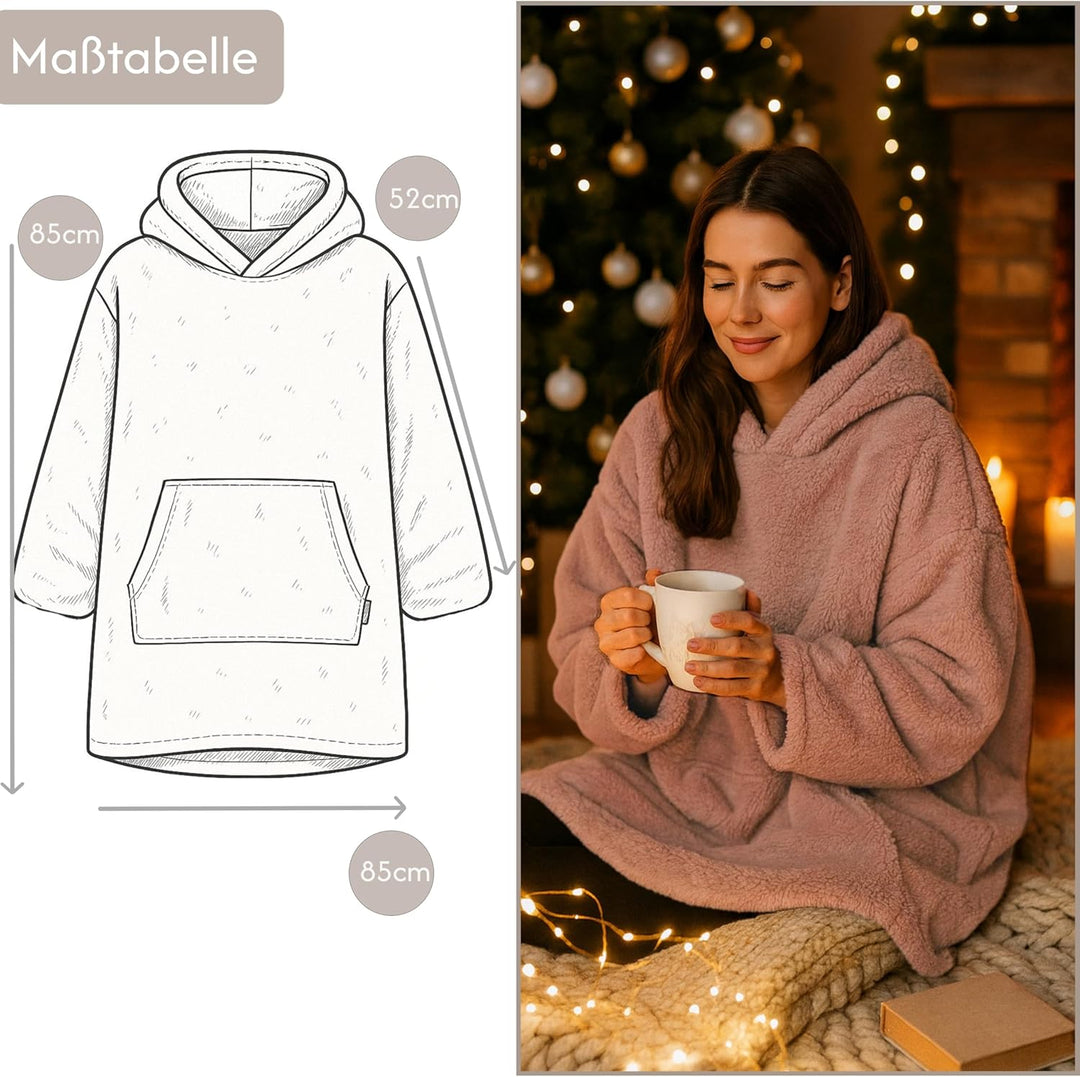 Hoodie Decke mit Ärmeln - Sherpa Wende Deckenpullover Oversize Kuscheldecke zum anziehen Kuschelponc