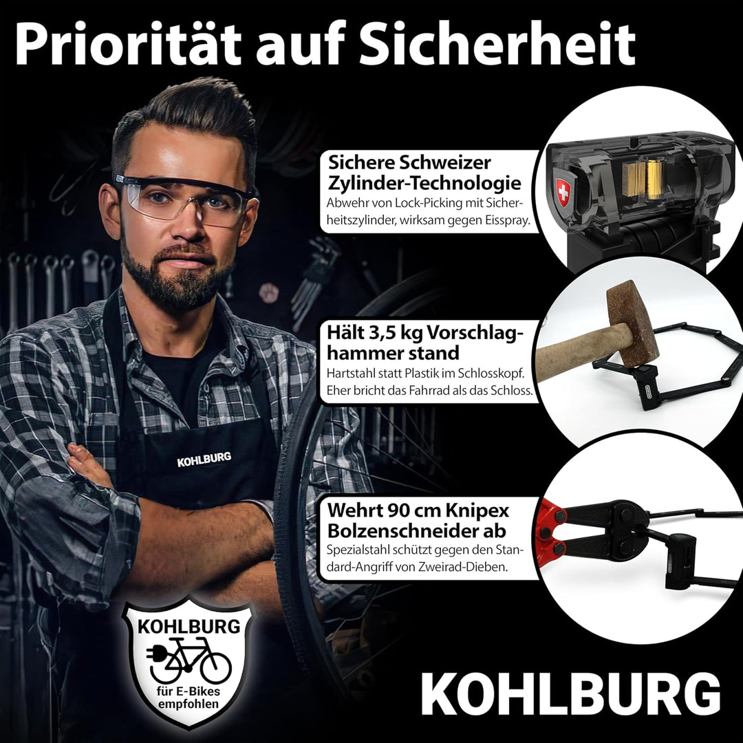 KOHLBURG 110cm Fahrrad Faltschloss [Bolzenschneider-sicher] als e Bike Schloss & Fahrradschloss Falt