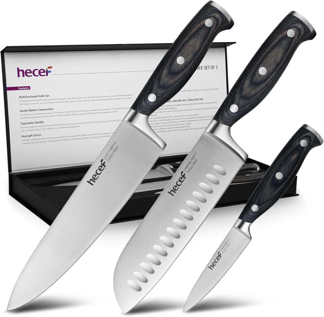 hecef Messerset, 3 tlg Küchenmesser Set mit Pakkawood Griff, Full-tang, Scharfes Kochmesser Profi Me