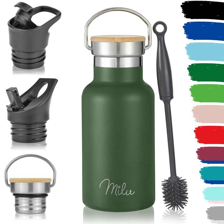 Milu Edelstahl Trinkflasche 350ml 500ml 750ml 1000ml (+3 Deckel) Thermosflasche mit Strohhalm Isolie