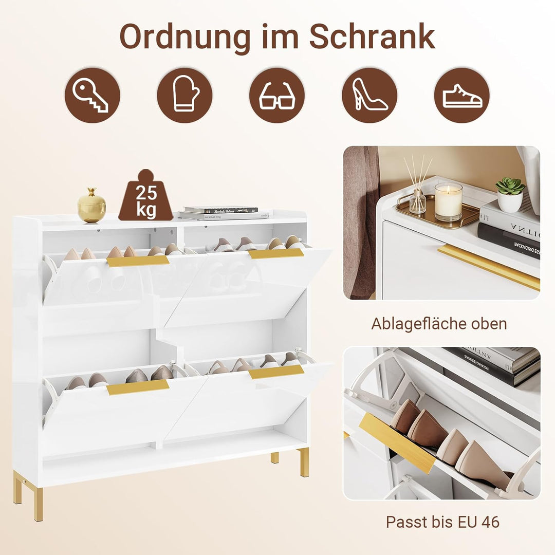 SoBuy Schuhkipper Schmal Schuhschrank Schmal mit 4 Klappen– Hochglanz Weiss mit Goldgriffen, 19cm Ti