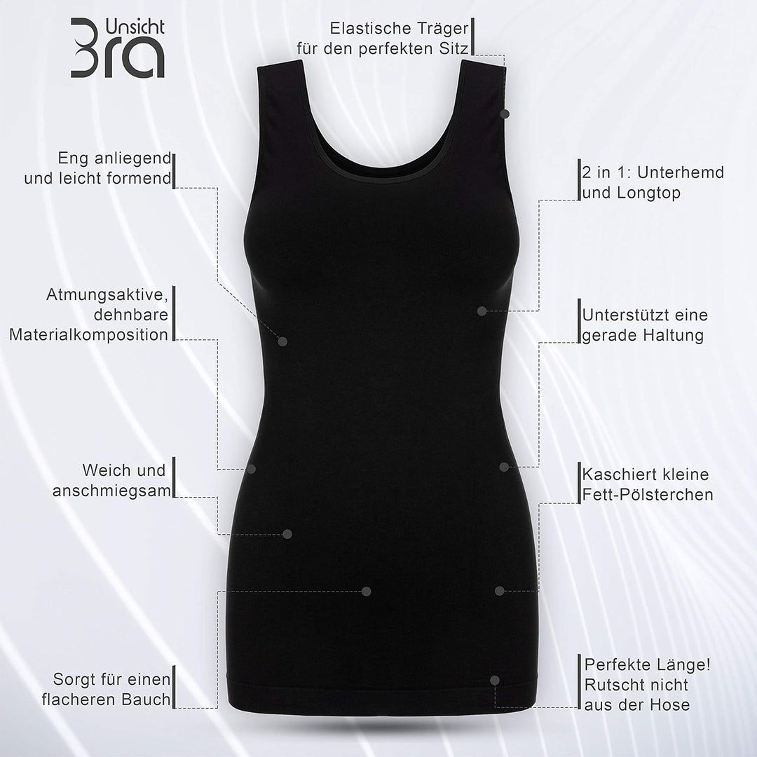 UnsichtBra 3er Pack Shape Damen Unterhemden Longshirt | Basic Wohlfühl Mikrofaser Damen Top ohne Büg