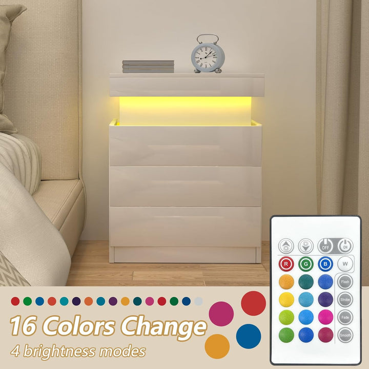 Nachttisch mit Steckdose, Nachtschrank mit Led Licht, Nachtkommode mit 3 Schubladen und Versteckte S