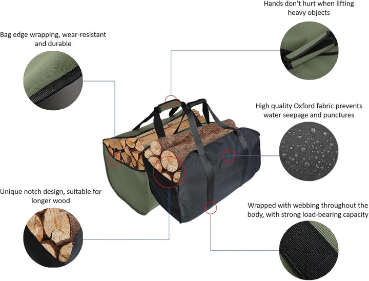 Kaminholztasche, Faltbare Kamintasche, Holzträger, wasserabweisend, langlebig, Segeltuch-Tragetasche