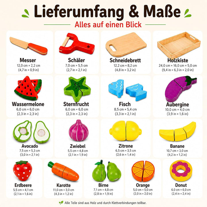 Kinder Holzspielzeug Küche – Schneideset mit Obst und Gemüse zum Zerschneiden, inkl. Schäler/Holzmes