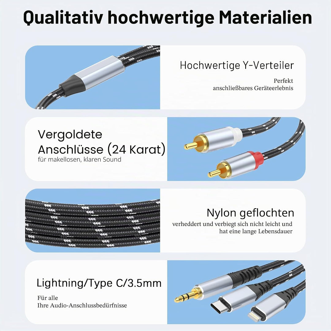 3,5mm zu RCA Audio Adapter, Lightning zu RCA Kabel für iPhone, iPad, MP3, Tablet, HDTV, Heim-Audiosy