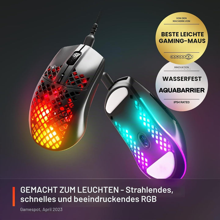 SteelSeries Aerox 3 Holey RGB-Gaming-Maus, ultraleichtes, wasserabweisendes Design, 8.500 DPI TrueMo