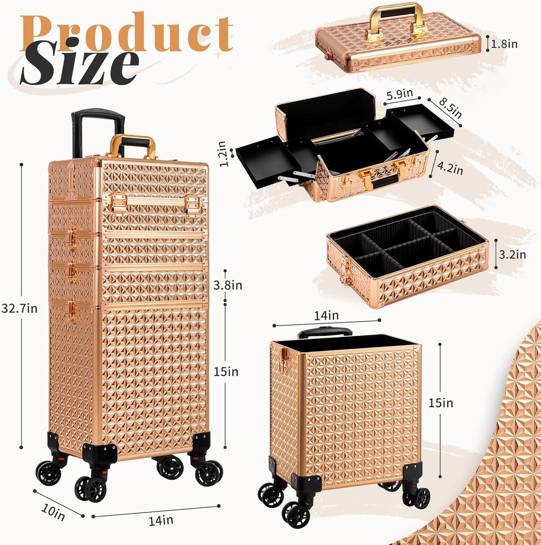 Arous 5-in-1 Profi-Kosmetikkoffer, Aluminium, mit 360° drehbaren Rädern Gold, Gold