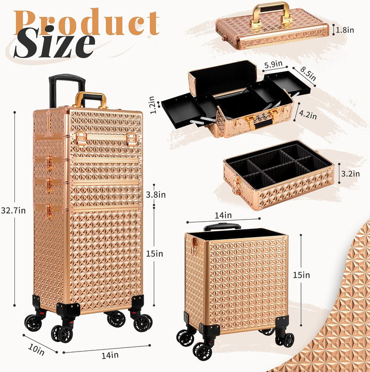 Arous 5-in-1 Profi-Kosmetikkoffer, Aluminium, mit 360° drehbaren Rädern Gold, Gold