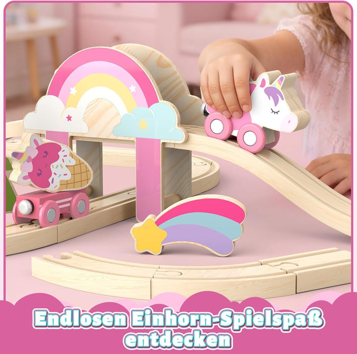 Lehoo Castle Holzeisenbahn für Mädchen, Holz Eisenbahn Kinder, Eisenbahn Holz, Einhorn Spielzeug, Sp