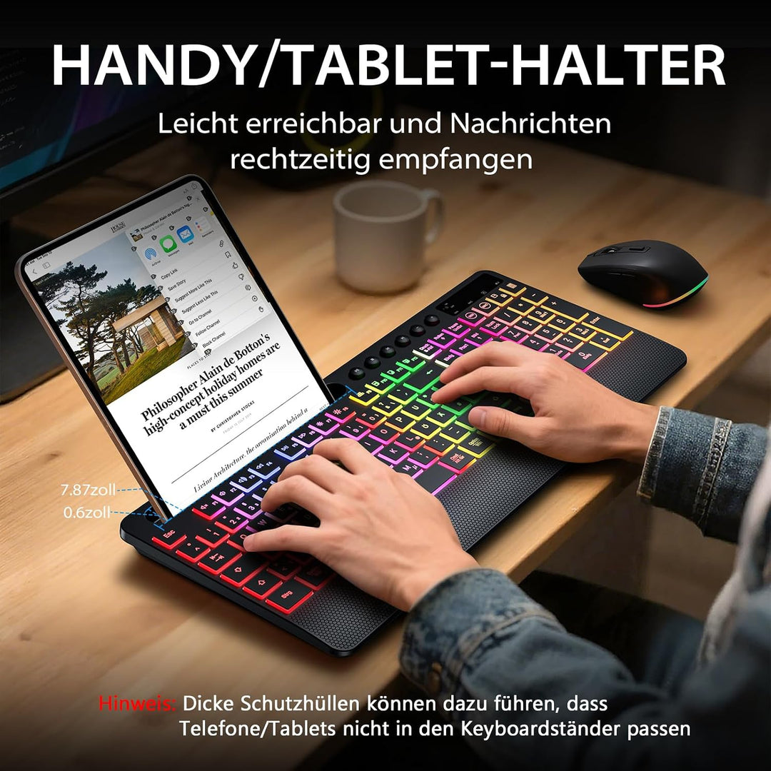 Hamile Tastatur Maus Set kabellos Beleuchtete mit Telefonhalter, 2,4 GHz USB-A/C wiederaufladbar Tas