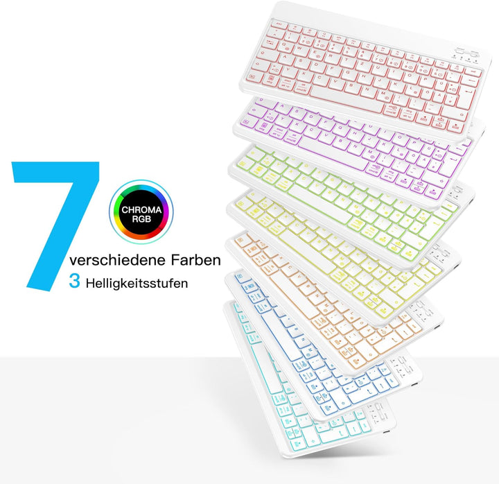 Emetok deutsche Bluetooth Tastatur für alle iPad-Modelle/iPhone/Android, Wiederaufladbar mit 7 Farbi