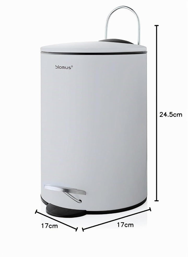 blomus -TUBO- Treteimer aus pulverbeschichtetem Stahl, Moon-Grey, 3L Fassungsvermögen, Smart-Close-S