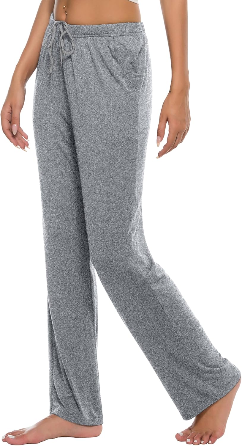 JINSHI Damen Schlafanzughose Lang Pyjamahose Weich Modal Nachtwäsche Freizeithose M Hellgrau+Rosavio