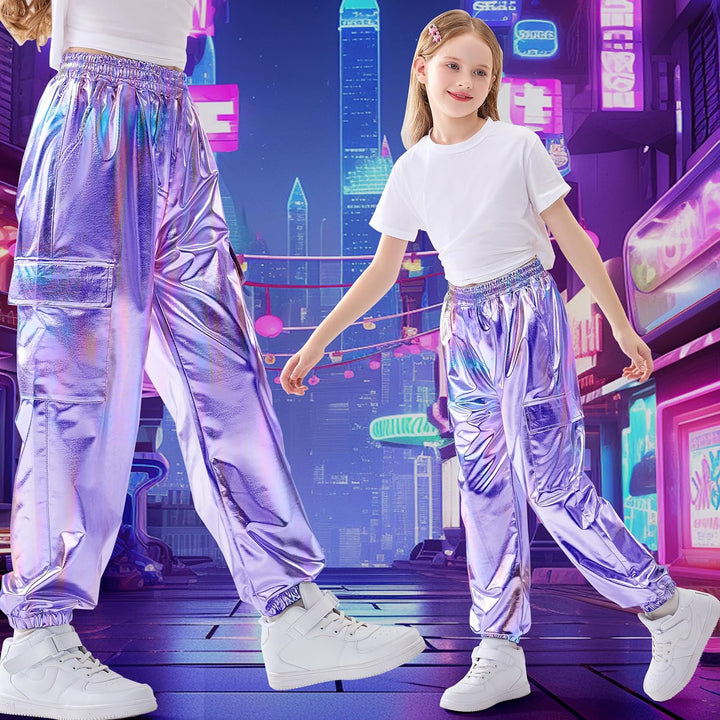 Rolanko Cargo Hosen für Mädchen, Metallische Tanz Hip Hop Hosen für Kinder Mit Elastischem Bund, Ret