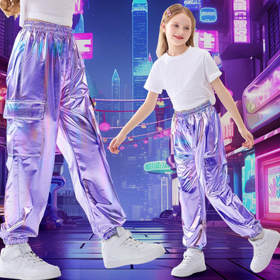 Rolanko Cargo Hosen für Mädchen, Metallische Tanz Hip Hop Hosen für Kinder Mit Elastischem Bund, Ret