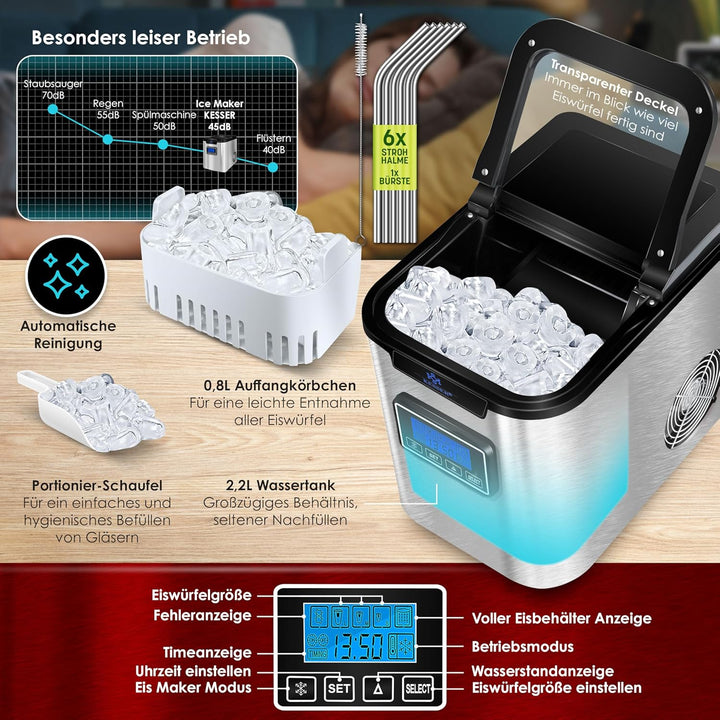 KESSER® Eiswürfelbereiter | Eiswürfelmaschine Edelstahl | 150W Ice Maker | 12 kg 24 h | 3 Würfelgrös