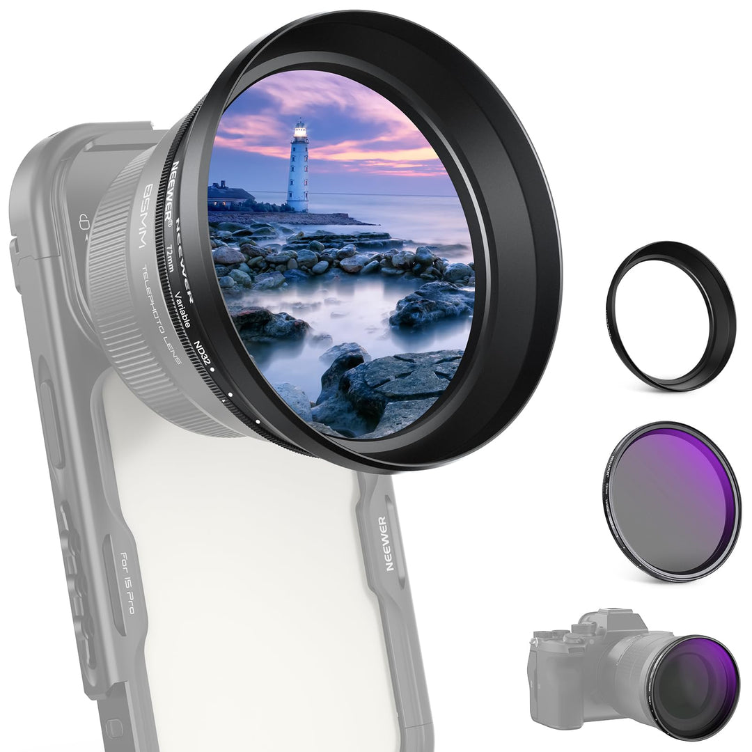 NEEWER 72mm Variabler ND Filter mit 77mm Gegenlichtblende, ND2-32 1-5 Stops Einstellbarer Graufilter