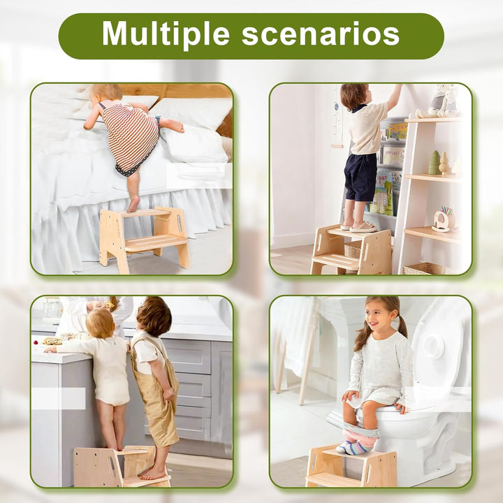 Tritthocker Kinder 2 Stufen,Fussbank Holz mit Griffen und Rutschfesten Fusspads,Stabiler Tritthocker