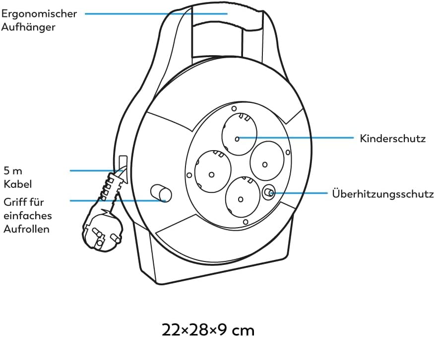 Garza - 5 Meter Kabeltrommel mit Handgriff, 4 Schuko-Steckdosen, schwarz und rot, 5 m Rot/Schwarz