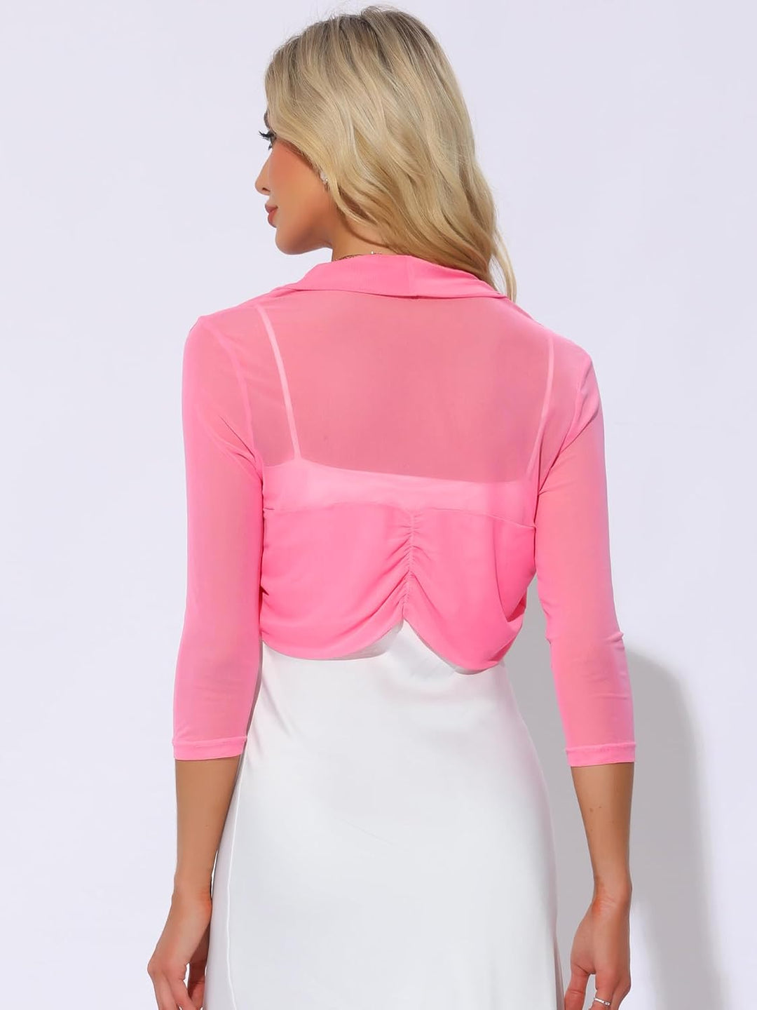 Allegra K Damen Bolero Festlich 3/4 Ärmel Rüschen Mesh Durchsichtig Crop Strickjacke Shrug Boleros S