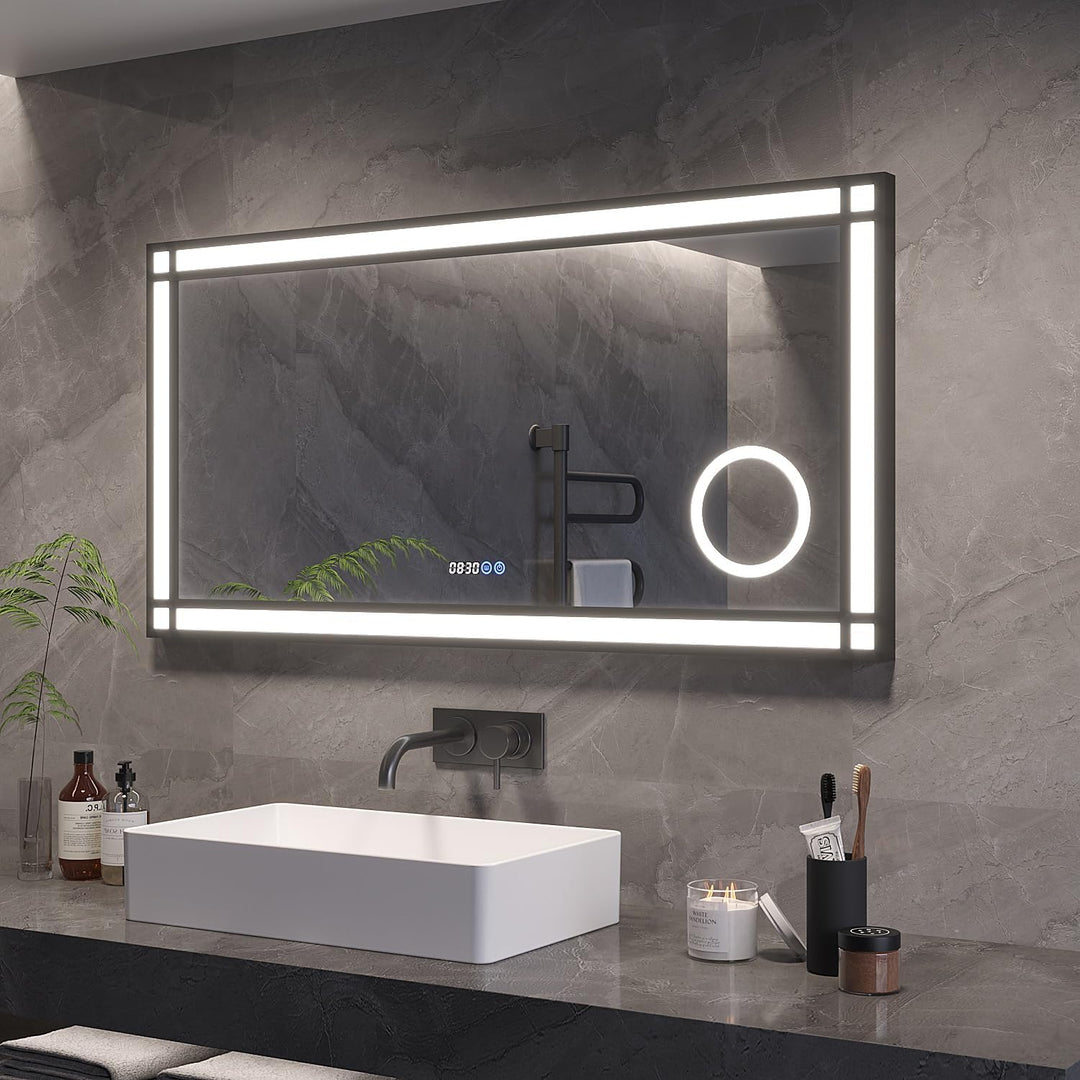 AQUABATOS Badspiegel mit Beleuchtung und Uhr Schwarzer Rahmen Fensteroptik 120x60cm, Badezimmerspieg