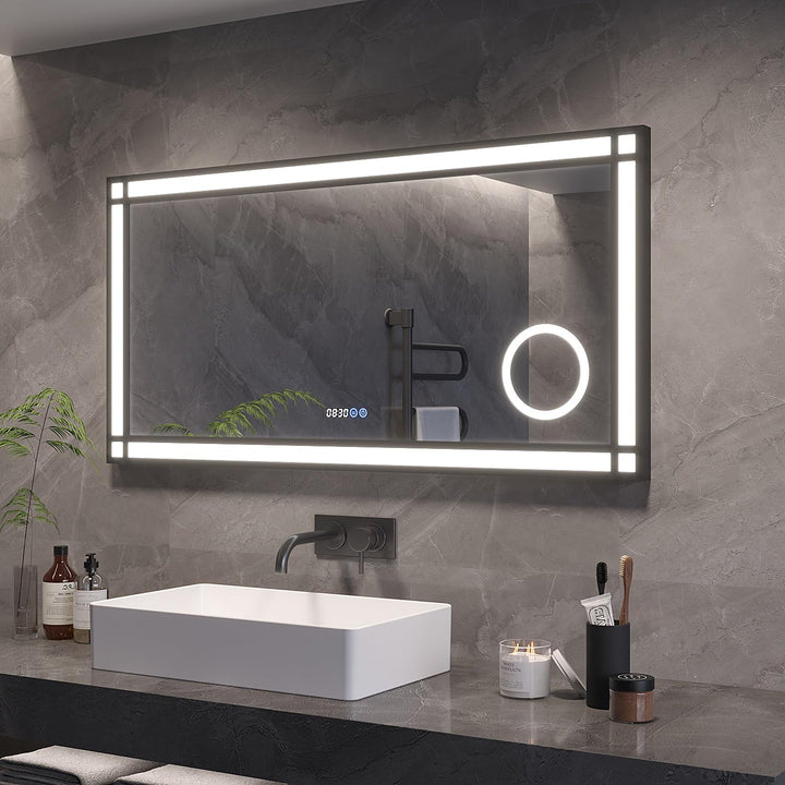 AQUABATOS Badspiegel mit Beleuchtung und Uhr Schwarzer Rahmen Fensteroptik 120x60cm, Badezimmerspieg