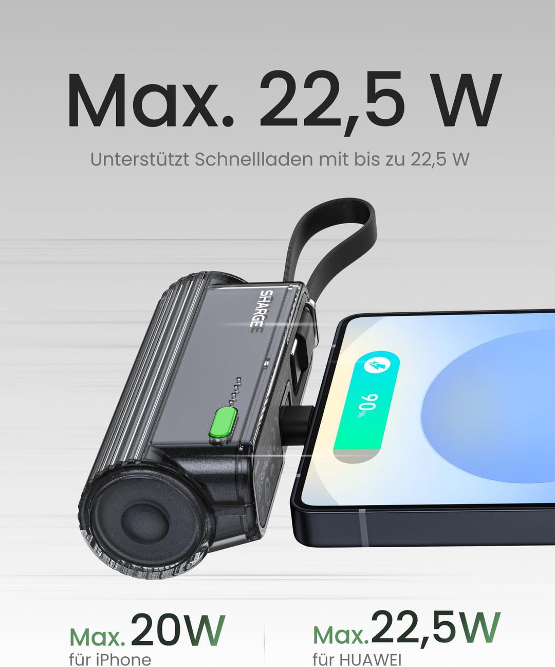 SHARGE Flow Mini 2 Power Bank 22.5w Max, Kleine Powerbank für Unterwegs, Schnelllade-Akkupack mit Li