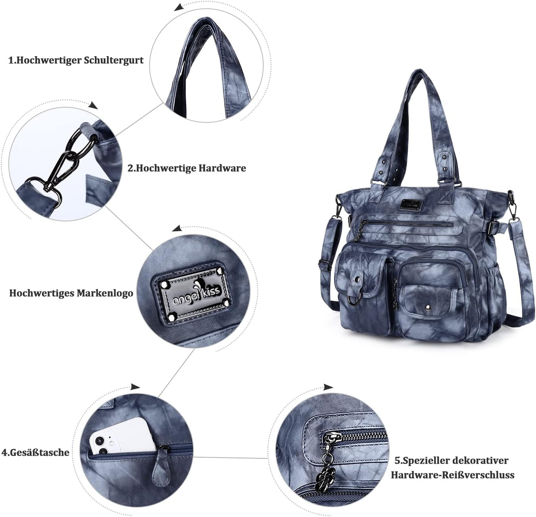 Angel Kiss Handtasche Damen Schultertasche Multifunktionale Umhängetaschen Gewaschenes Veganes Leder