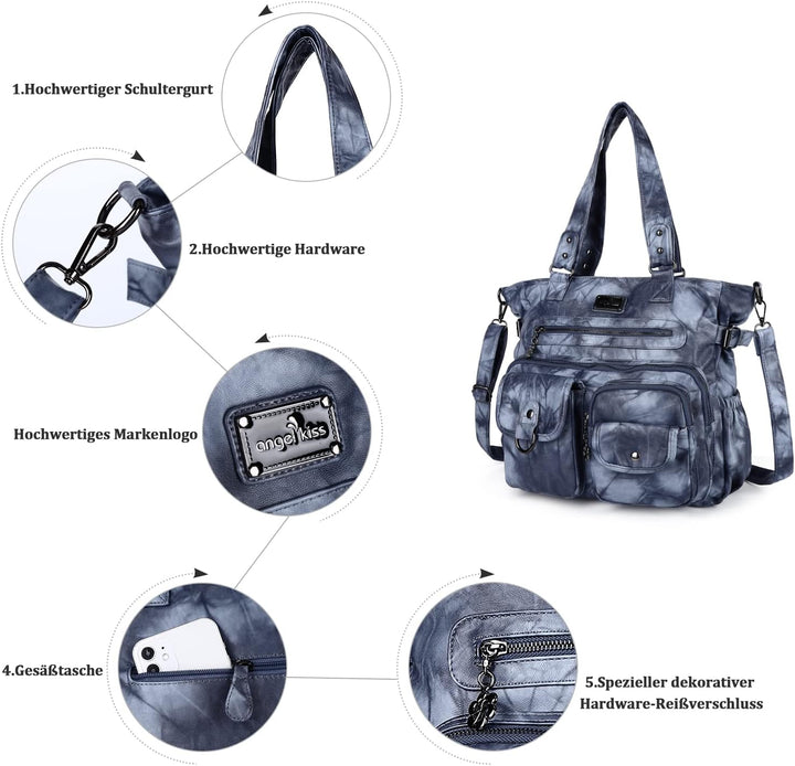 Angel Kiss Handtasche Damen Schultertasche Multifunktionale Umhängetaschen Gewaschenes Veganes Leder