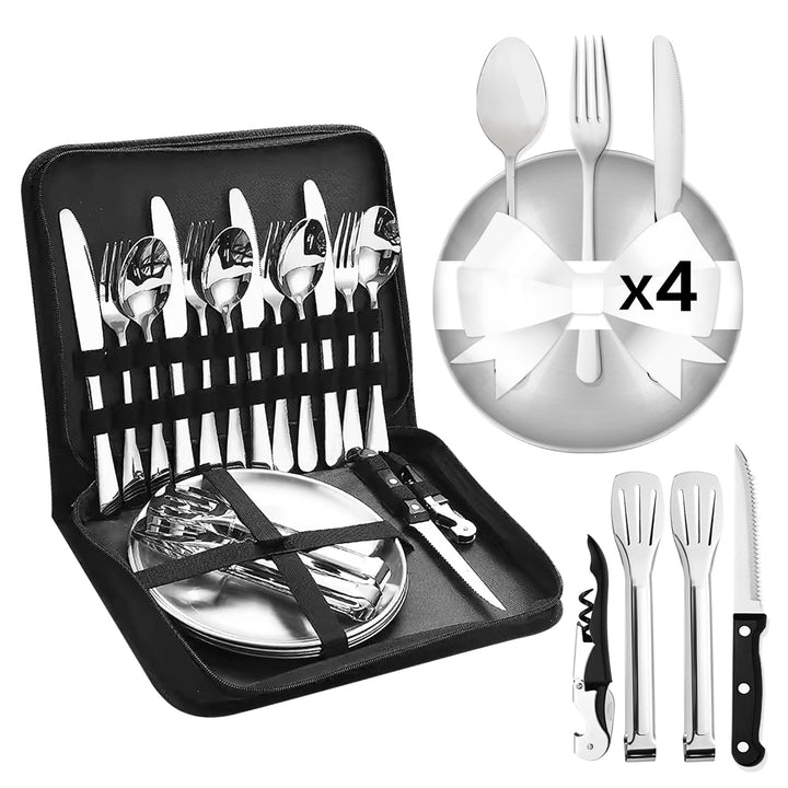 Cynrikah Camping Geschirr Set 4 Personen, Camping Besteck Set Edelstahl Camping-geschirr 20PCS Campi