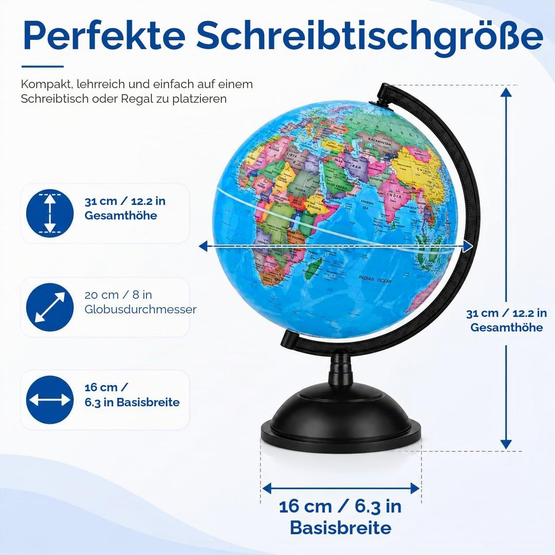 Topglobe 20cm Schülerglobus - Englische Karte - Globus Bildung Drehbarer - Pädagogische/Geografische