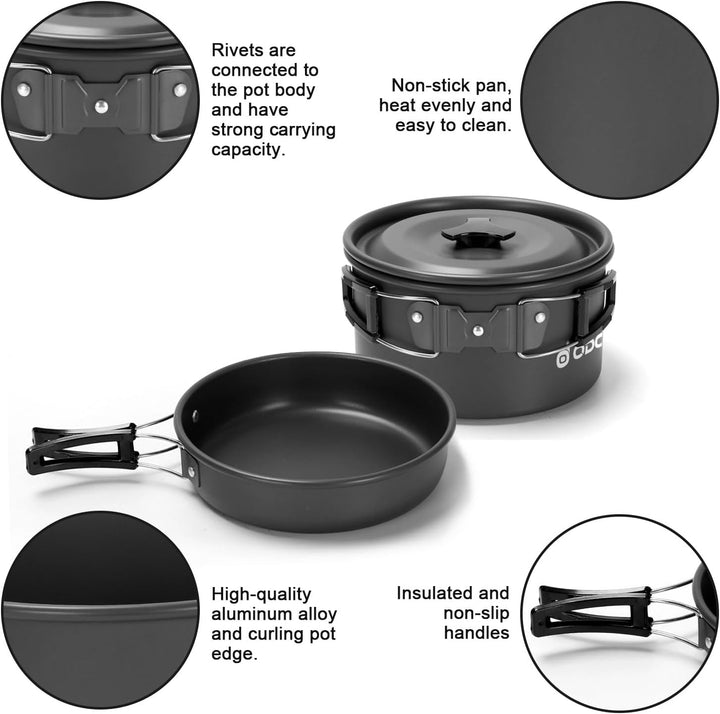Odoland Camping Geschirr Set Kochset Topfen mit 0.8 L Teekessel Campingbesteck und Becher Leicht Alu