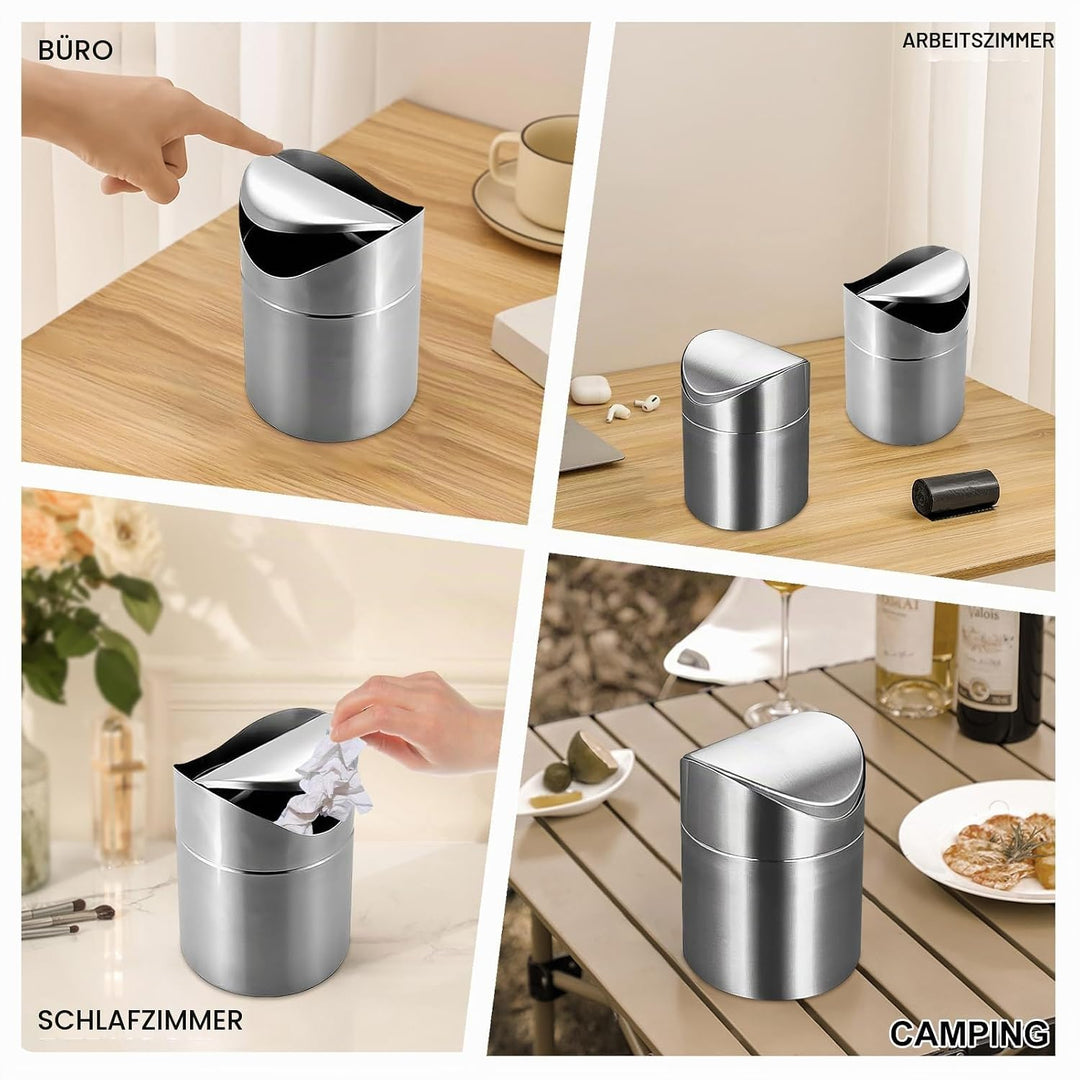 Tischmülleimer mit Deckel, 2L Tischabfalleimer Edelstahl, Klein Papierkorb mit Schieberegler Multifu