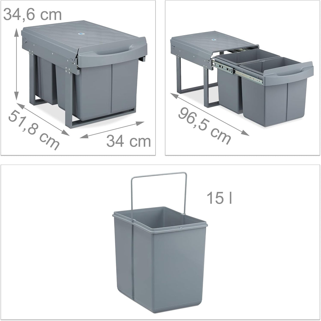 Relaxdays Einbaumülleimer 2-Fach, auziehbarer Küchenmülleimer für Unterschrank, 2x15 Liter, 34,6 x 3
