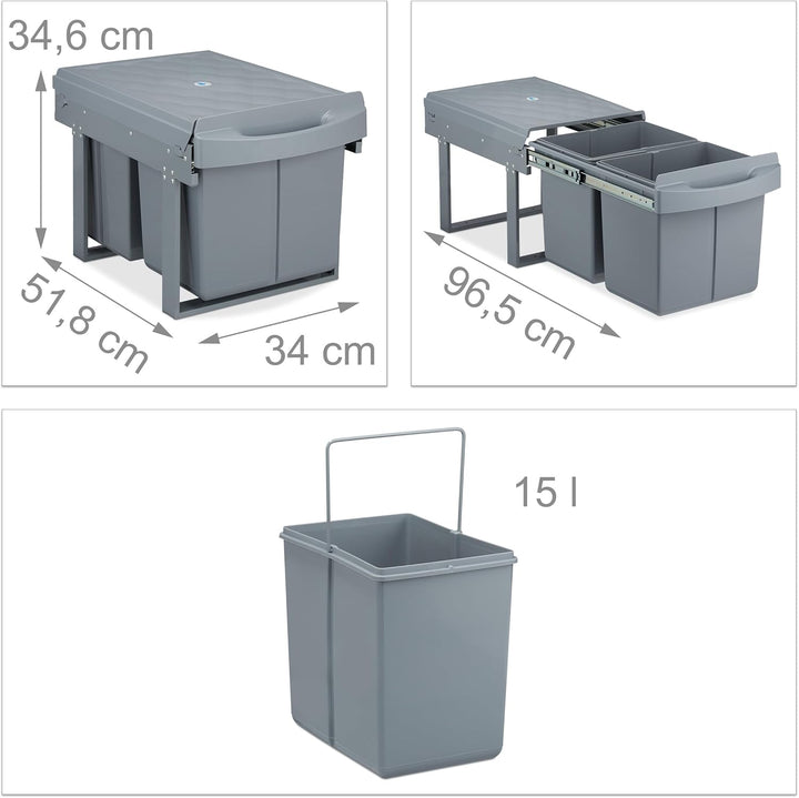 Relaxdays Einbaumülleimer 2-Fach, auziehbarer Küchenmülleimer für Unterschrank, 2x15 Liter, 34,6 x 3