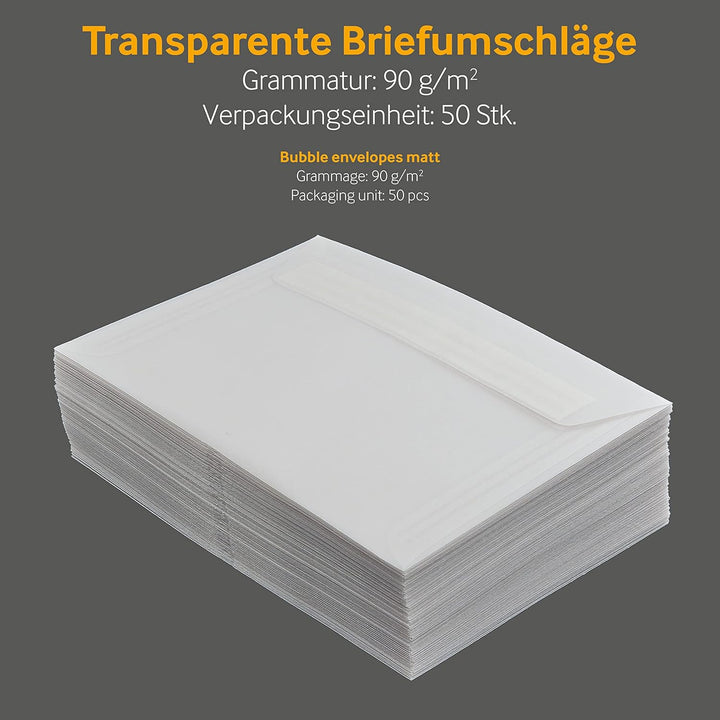 100 Stück, Transparente Briefumschläge, 125 x 125 mm, Haftklebung mit Abziehstreifen, Gerade Klappe,