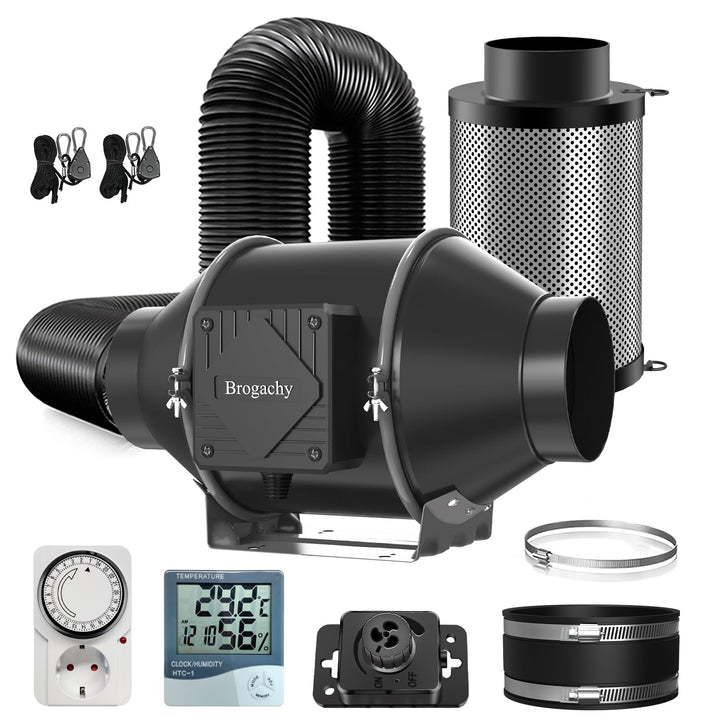 Abluftset 100mm Rohrventilator 365m³/h mit Drehzahlregler, Thermo-Hygrometer,Aktivkohlefilter Abluft