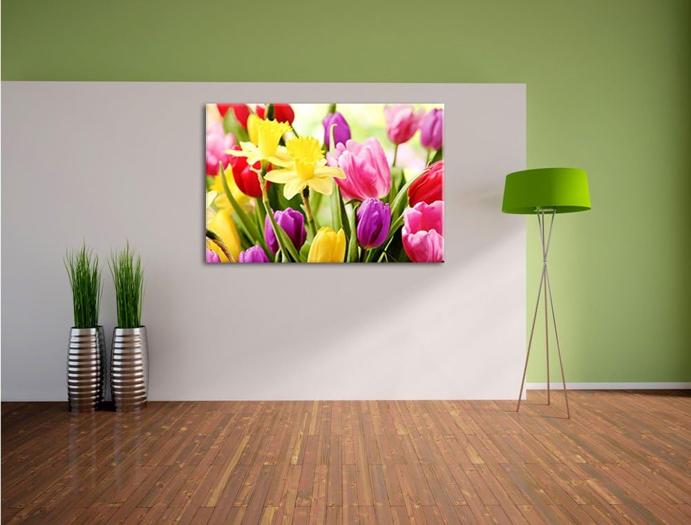 Farbenfrohe Osterglocken und Tulpen Format: 100x70 auf Leinwand, XXL riesige Bilder fertig gerahmt m