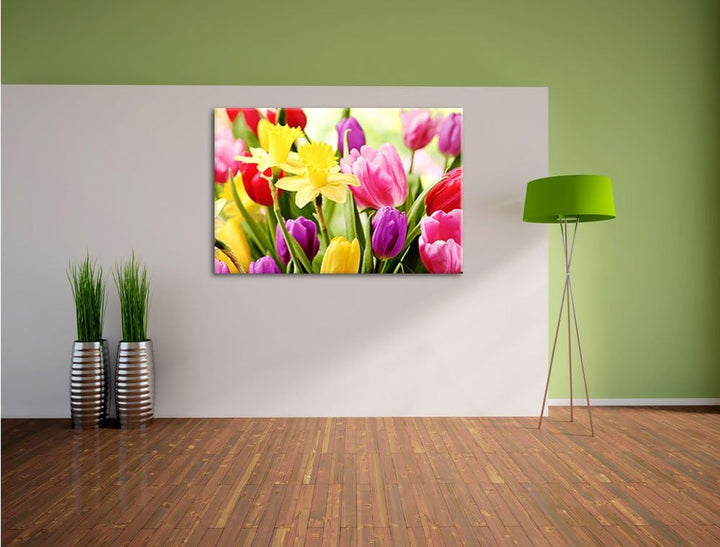 Farbenfrohe Osterglocken und Tulpen Format: 100x70 auf Leinwand, XXL riesige Bilder fertig gerahmt m