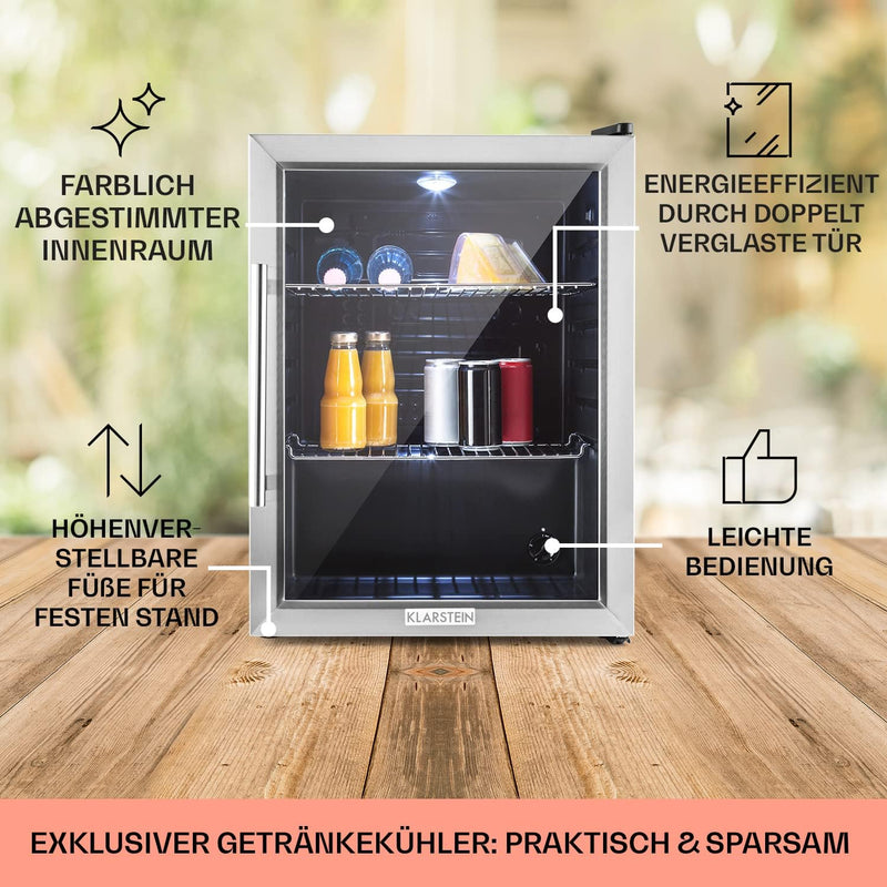 Klarstein Getränkekühlschrank, Kühlschrank Klein mit 2 Ablagen, Minikühlschrank Lautlos für Büro Cam